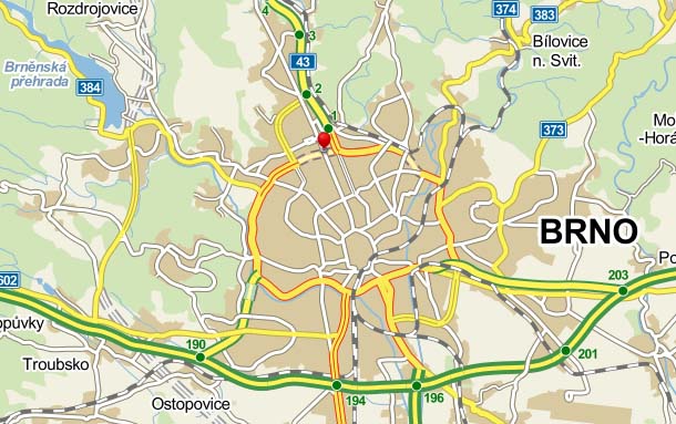 Mapka Brna s vyznačeným místem prodejny